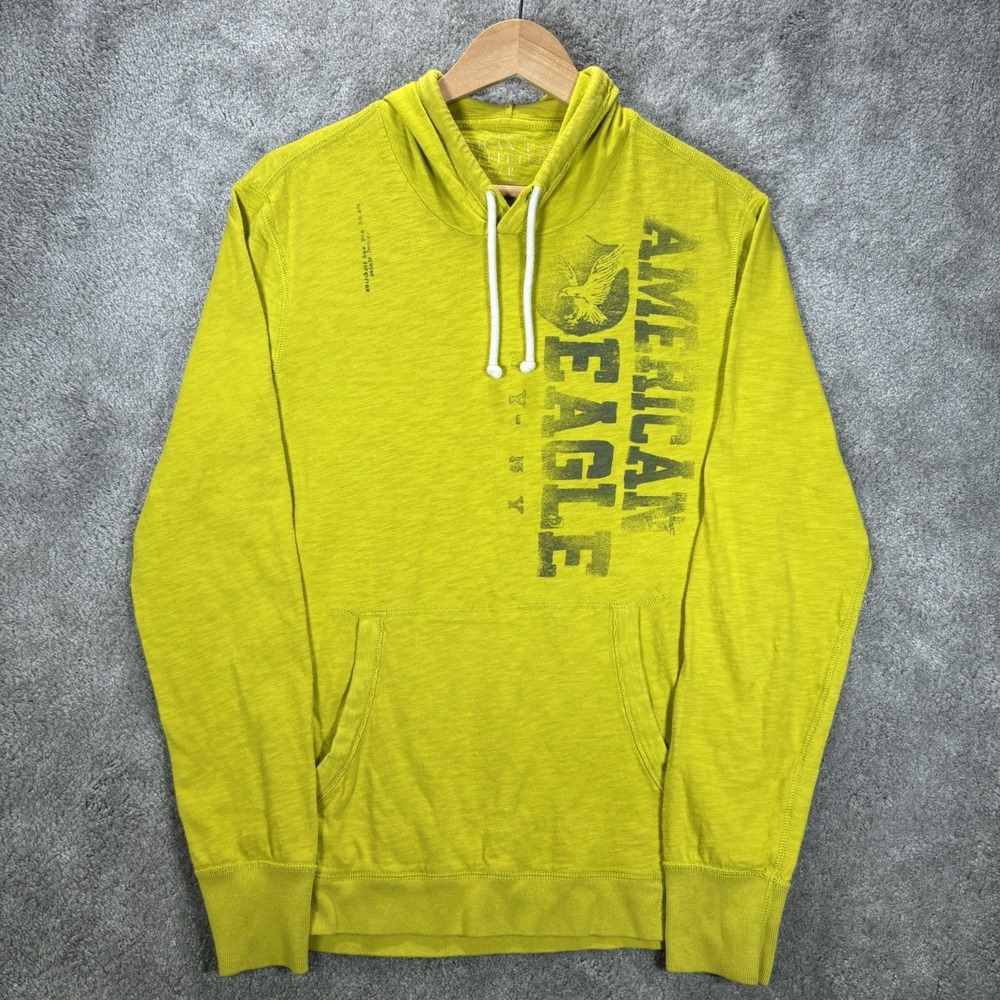 American Eagle Hooded Shirt Men S Neon Yellow Green Knit Lightweight Graphic Y2K